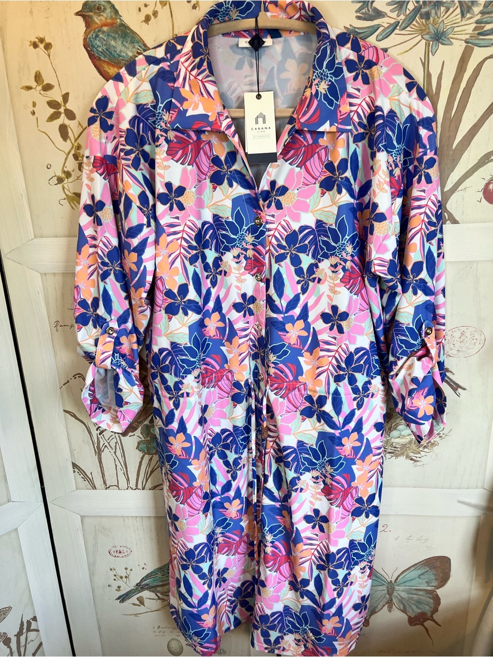 Cabana Life Navy, Pink & Peach Floral Button-Front Tunic 50+ UV Protection